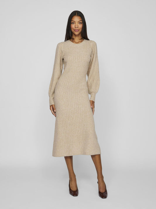 VILA  JACIA O NECK RIB KNIT MIDI DRESS MELANGE